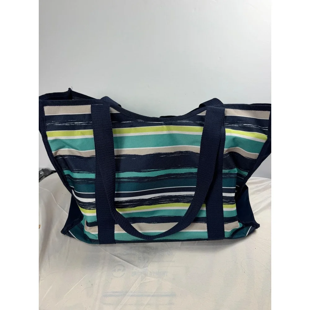 Thirty-One Zip-Top Utility Tote Navy Teal Striped Large Travel Beach Bag
